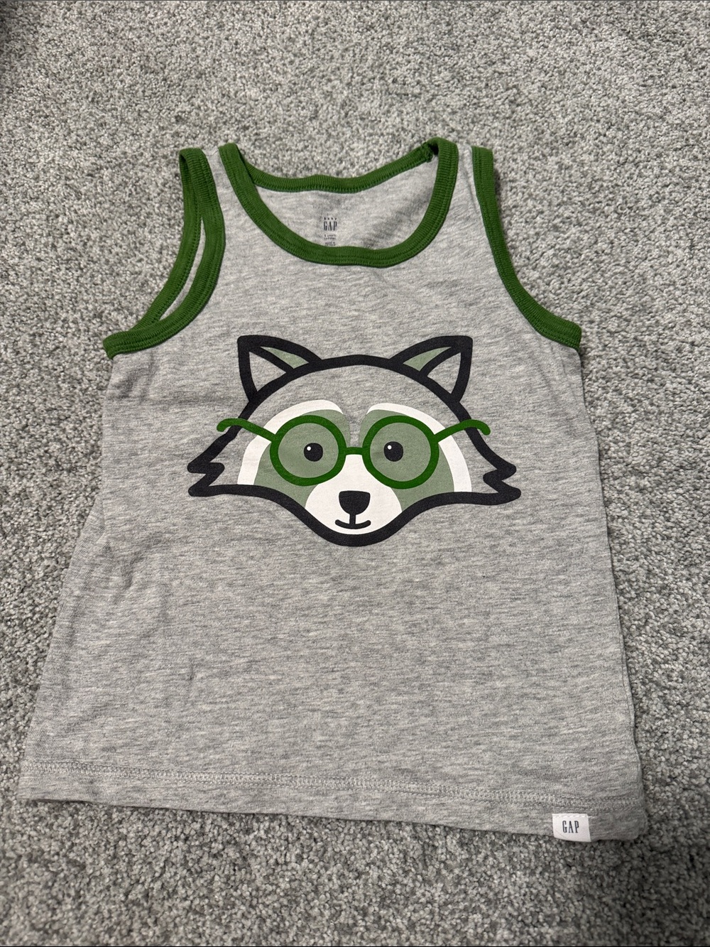 GAP Gray Tank Top with Green Trim and Raccoon Graphic